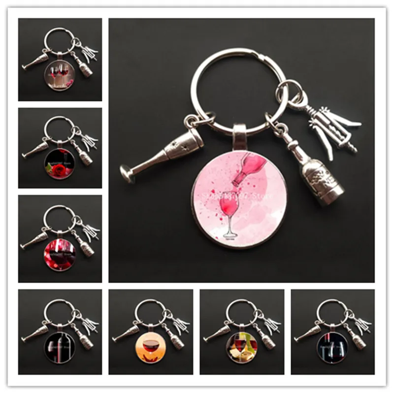 Fashion metal keychain glass cabochon keychain European and American cocktail wine corkscrew wine glass keychain bar keychain