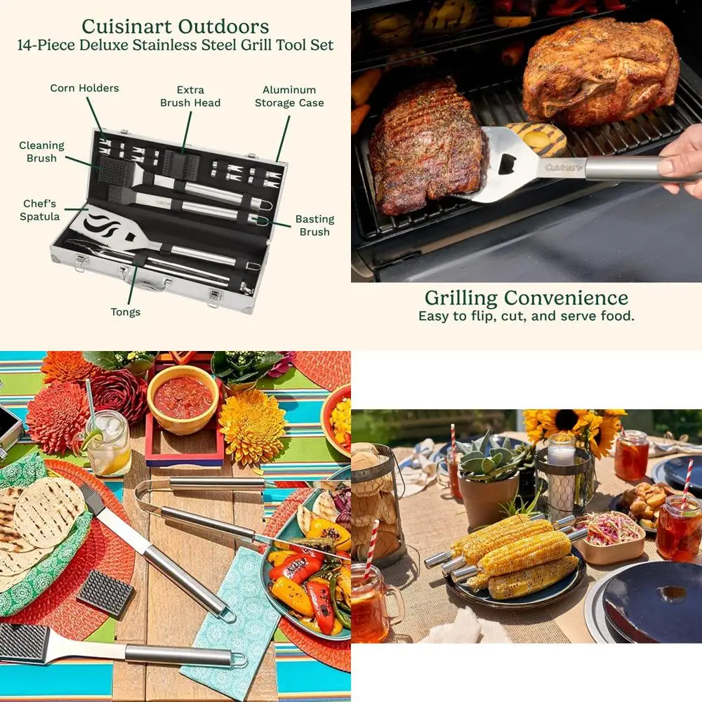

Premium 14-Piece Stainless Steel BBQ Set with Spatula, Tongs, Corn Holders, Brush, and Carry Case