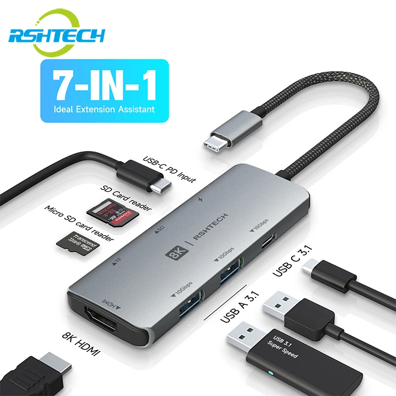 

RSHTECH USB C-концентратор hdmi 4k 120 Гц 8K HDMI 10 Гбит/с Скорость передачи данных 100 Вт Доставка питания с SD/TF-считывателем Док-станция USB-C
