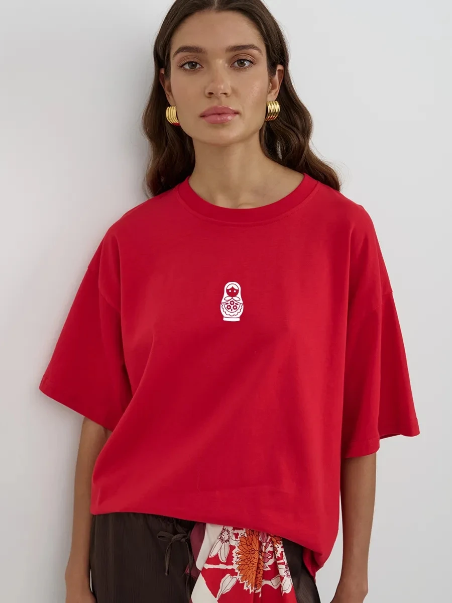 تي شيرت نسائي عصري فضفاض بأكمام قصيرة مطبوع من القطن المريح برقبة مستديرة يمتص العرق مناسب للصيف