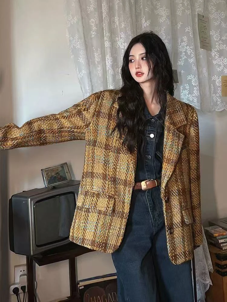 سترات نسائية كلاسيكية منقوشة للخريف ملابس خروج فضفاضة غير رسمية سترة Y2K كورية أنيقة للمكتب معاطف بدلة جديدة