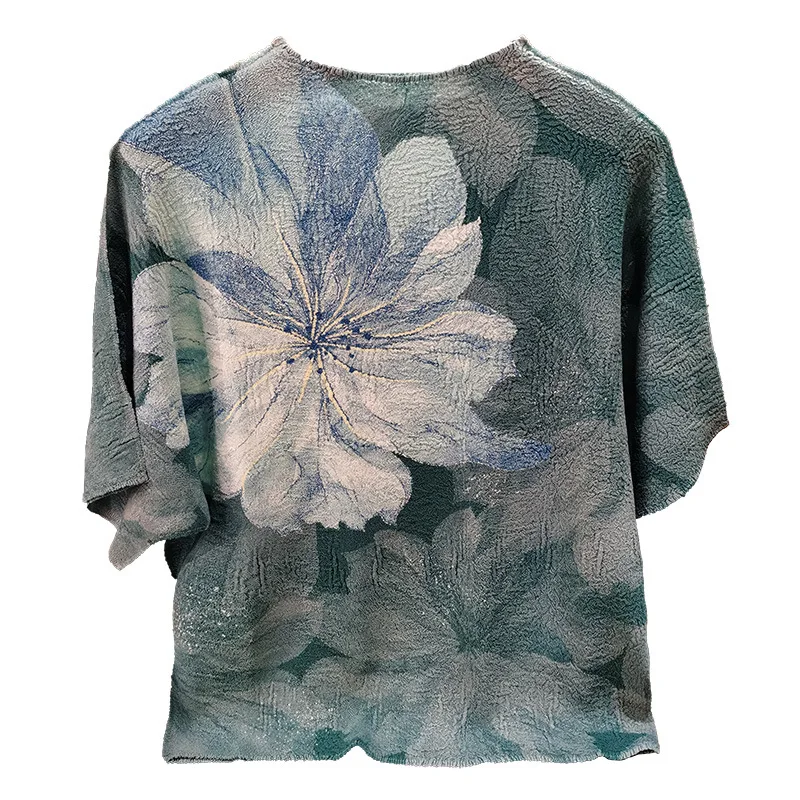 T-shirt plissettata Miyake 2025 T-shirt piega da donna estiva Design di nicchia Senso Piega Versatile stampa in rilievo Stampa floreale Top