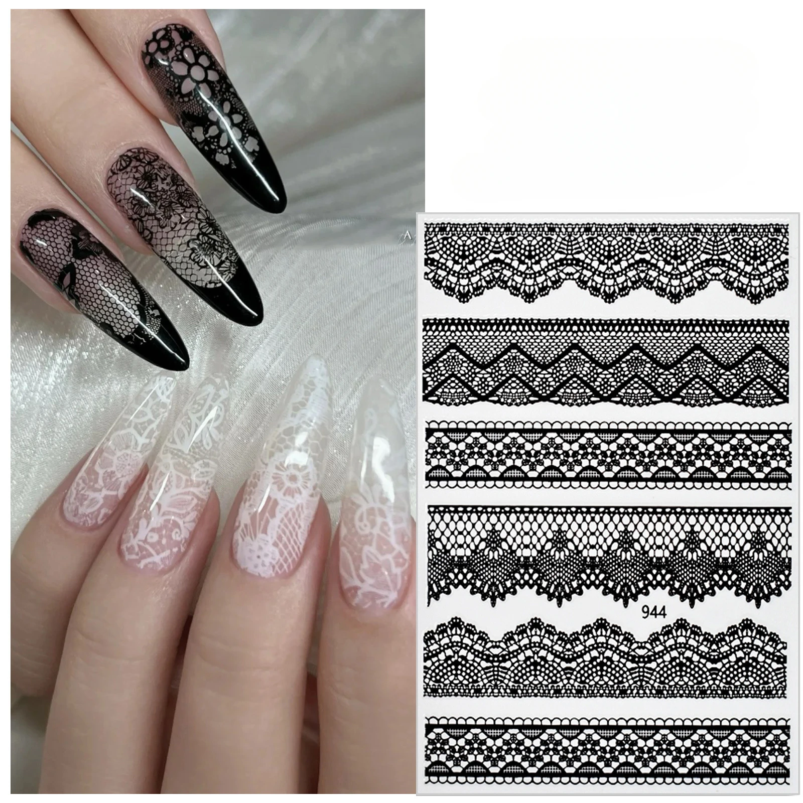 Black White Lace Nail Stickers Back Adhesive Waterproof Decals Manicure DIY Lace Decorations Accessories