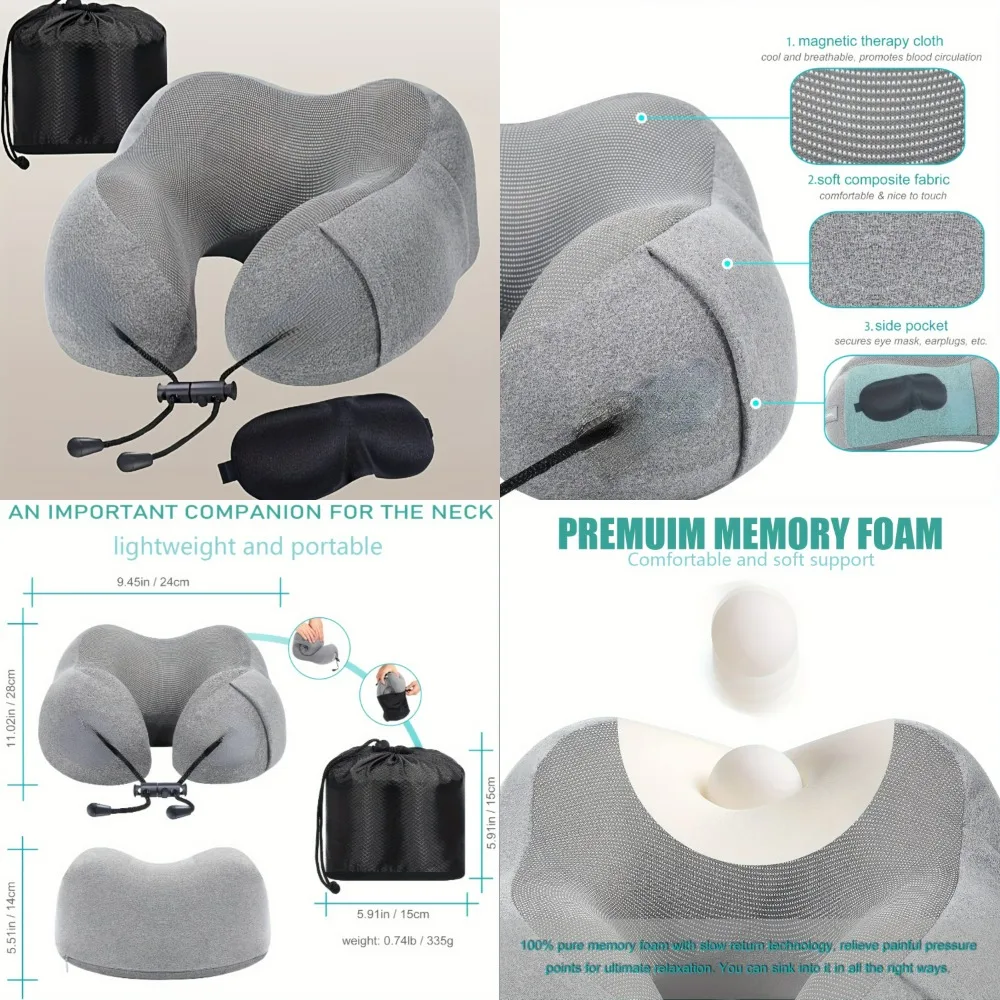 

100% Memory Foam Travel Pillow Kit - Ultimate Neck and Head Support for Sleep and Rest, Soft Cotton Cover, Machine Washable, wit