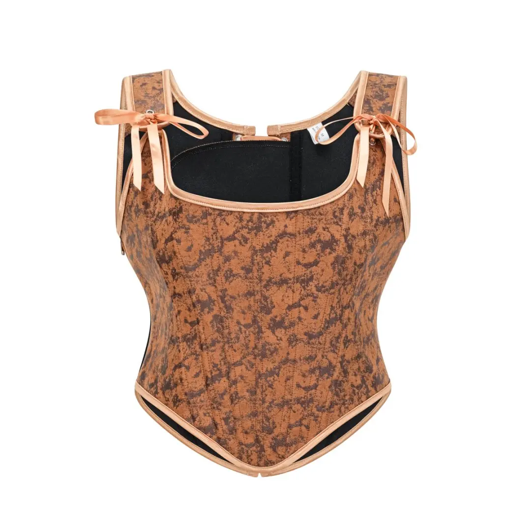 

Brown Print Lace Up Straps Overbust Boned Vintage Corset Top Gothic Clothes Woman Sexy Steampunk Medieval Vest Victorian Bustier