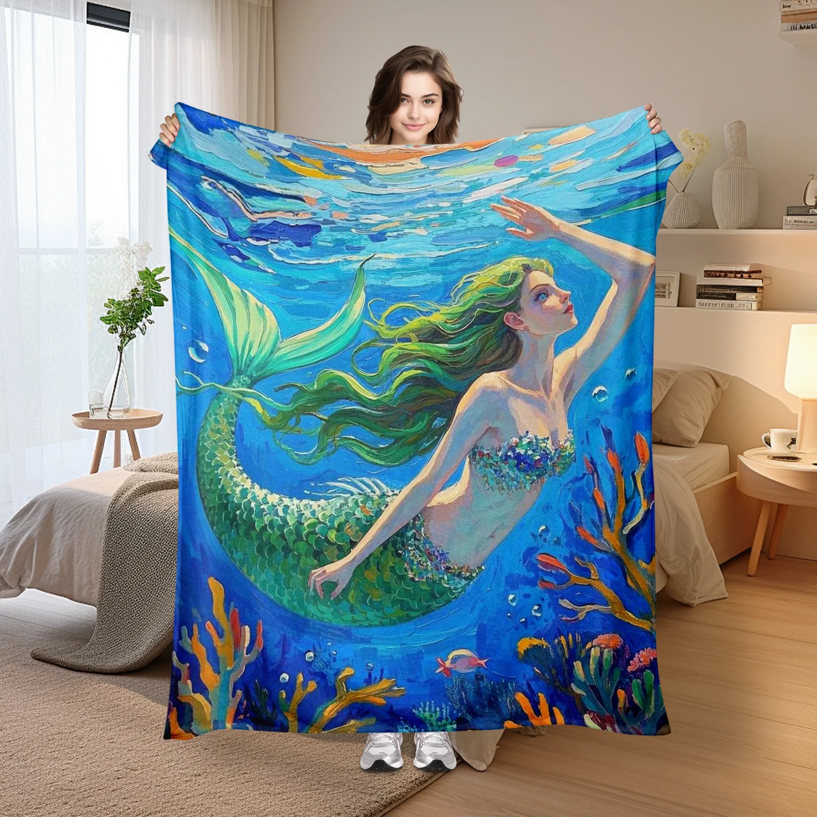 Diseño de sirena y algas marinas en manta verde y azul para decoración temática del océano y regalo único para adultos y entusiastas del mar