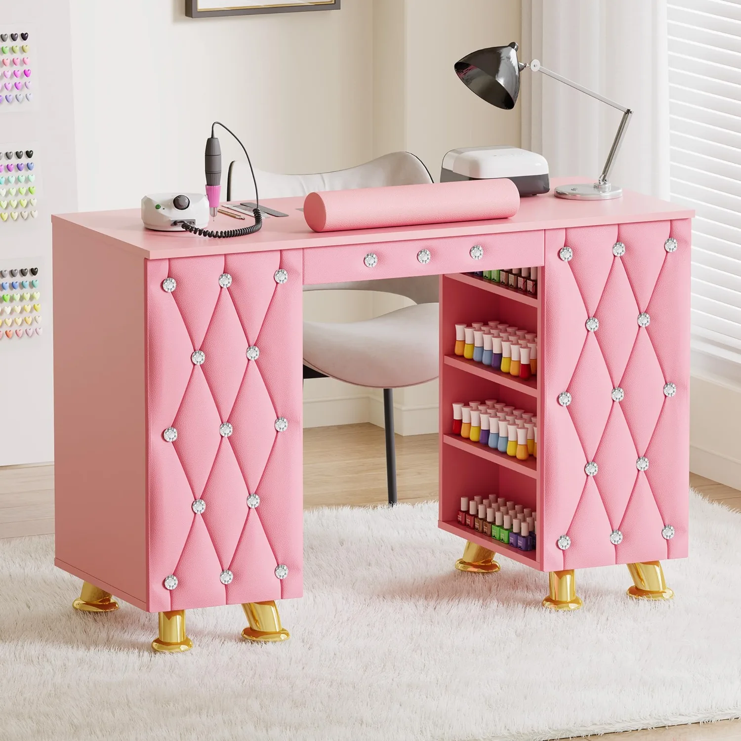 Manicure Table, Nail Desk w/Dust Collector & Wrist Rest, Nail Salon Station Acetone Resistant Workstation w/Drawers