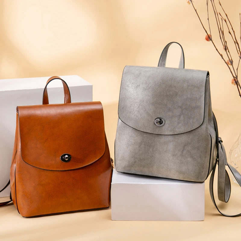High Quality Genuine Leather Backpack For Girls Daypack Female Fashion Knapsack Vintage Casual Women Oil Wax Cowhide Rucksack
