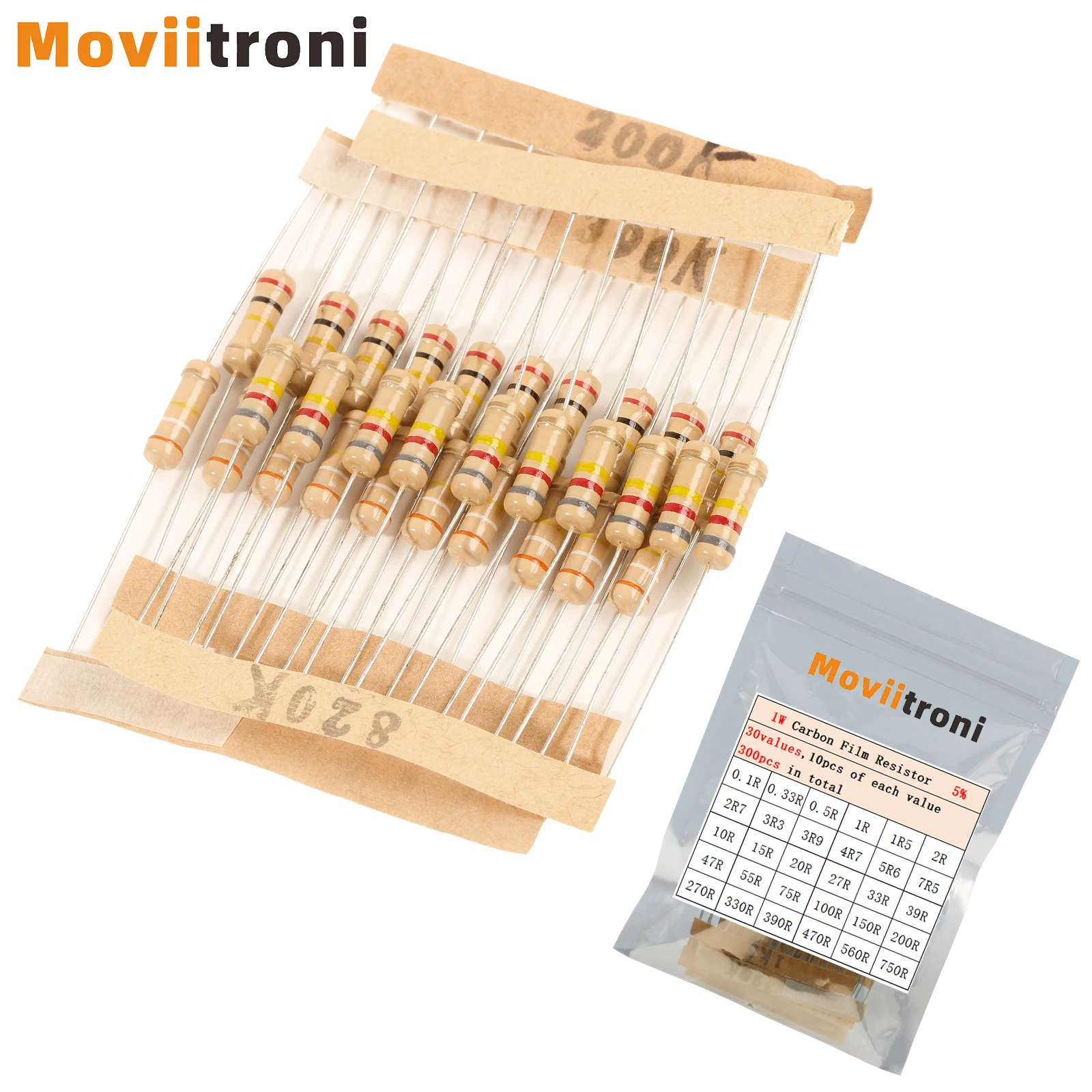 300pcs 1W Carbon Film Resistor Assortment Kit 5% 0.1R-750R 1K-820K