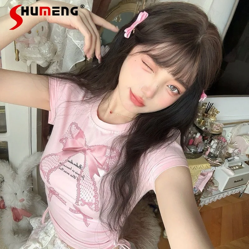 

New French Style Soft Girl Short Sleeves O-neck T-shirt Lace Bow Slimming Printed Tshirts Pullovers O-neck Kawaii Clothes Female