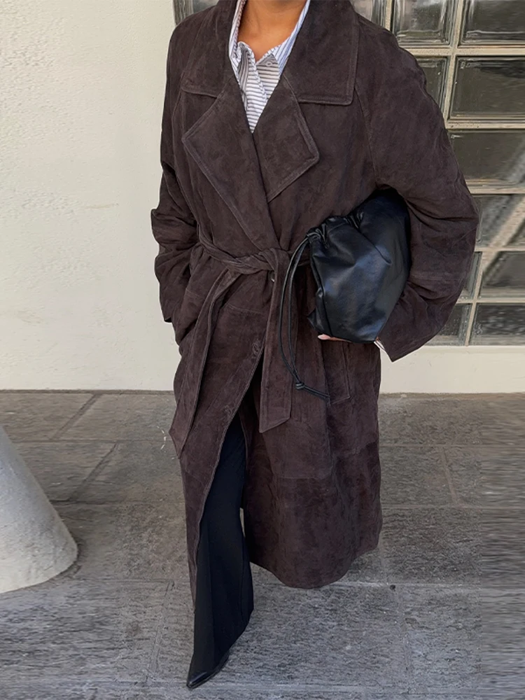 

Retro Suede Lace Up Long Coat Women Solid Loose Full Sleeve Lapel Belt Button Chic Outwear 2025 Fashion Autumn Winter Coats