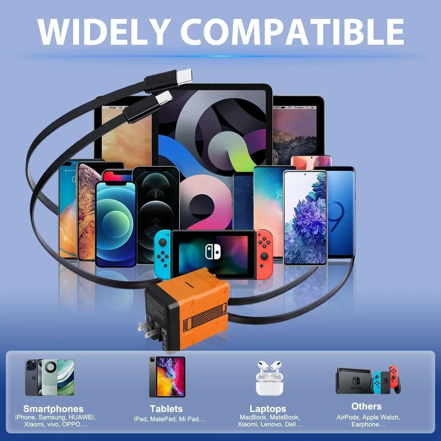 120 W schnelles Ladegerät, einziehbares Lightning-Typ-C-GaN-Ladegerät, Telefon-Ladegerät-Adapter für iPhone, Android, Samsung, Xiaomi, Tablet, Laptop – Detail 5