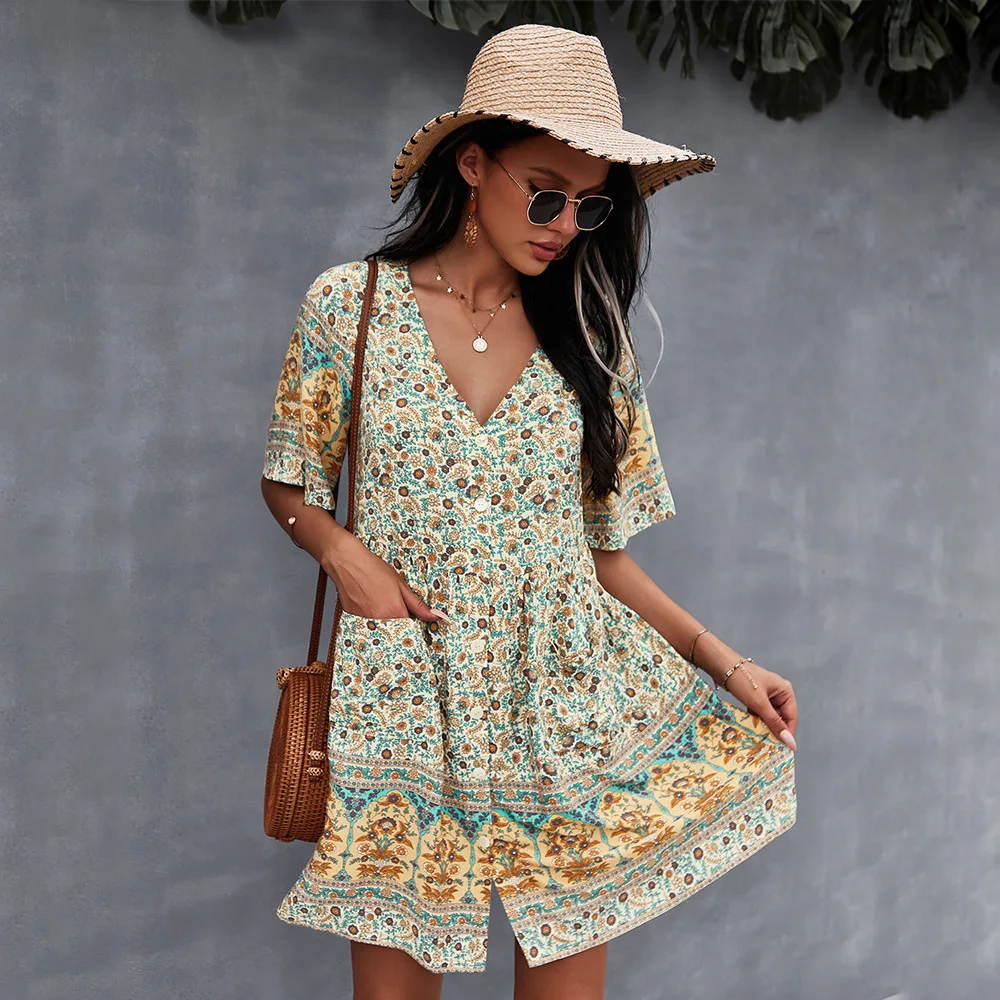 

Spring and Summer Casual Printed V-Neck Dress Sexy Style Skirt