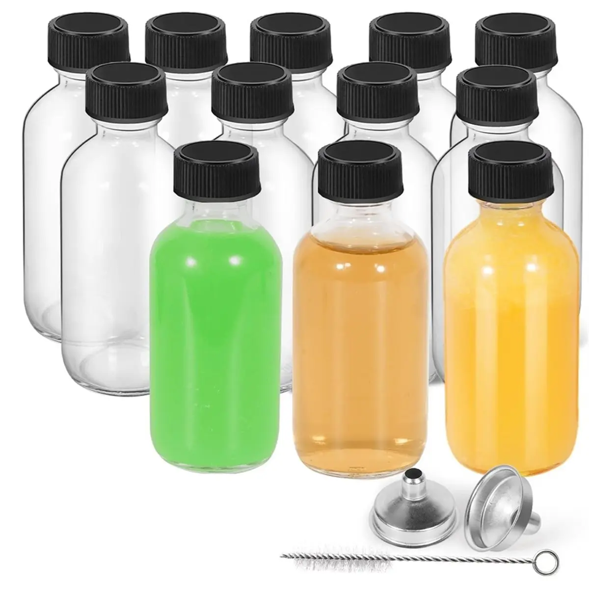 COFA 12Pack 2oz Glass Bottles with Lids Funnels, Brush, Labels- Leakproof 60 Ml Boston Round Containers for Juice