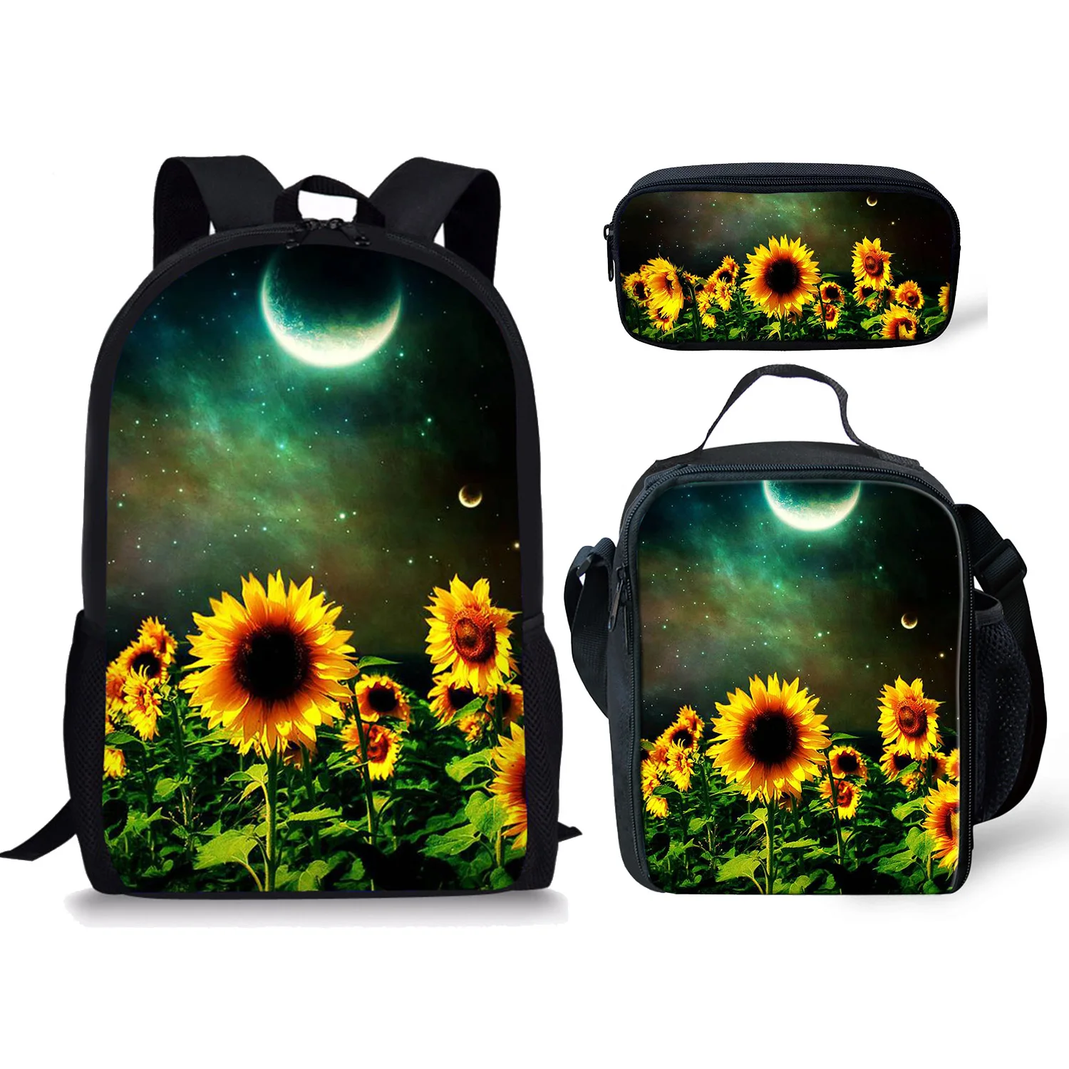 Mochila con patrón de luz de luna de girasol, bolsa de almuerzo con estampado 3D para estudiantes, mochila para portátil de Anime, estuche para lápices, 3 unidades por juego