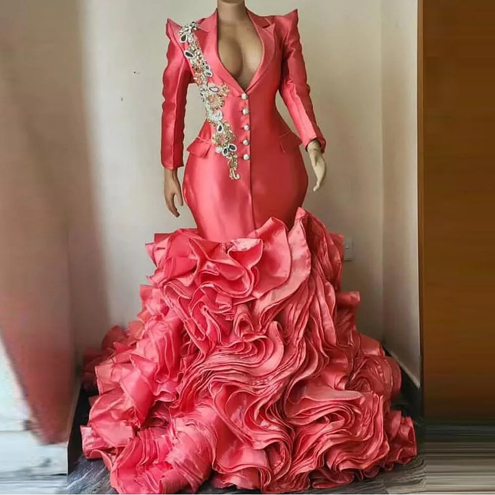 Watermelon Evening Dresses For African Women Ruffles Tiered Puffy Mermaid Prom Dress Appliques AppliquesPlus Size Party Gowns