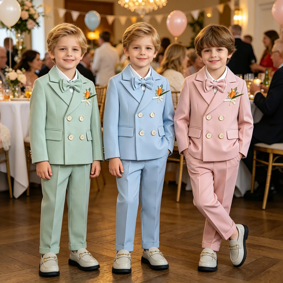 Boys Double Breasted Suit Kids Formal Outfit with Bow Tie Toddler Boy Wedding Birthday Party Performance Gentleman Tuxedo Set