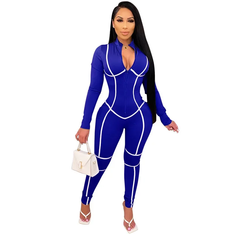 Autumn Sexy Party Striped Long Sleeve Zipper Jumpsuit Women Active Bodycon Moto Biker Sportwear Romper One Piece Overalls