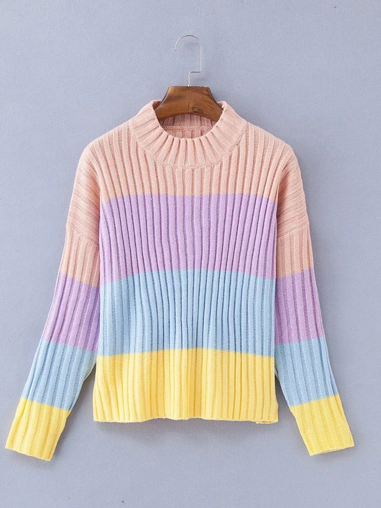 Women's Rainbow Sweaters Macaron Slim Knitted Pullover O-neck Autumn&Winter Knitwear Ladies Short Jumper Woman Tops