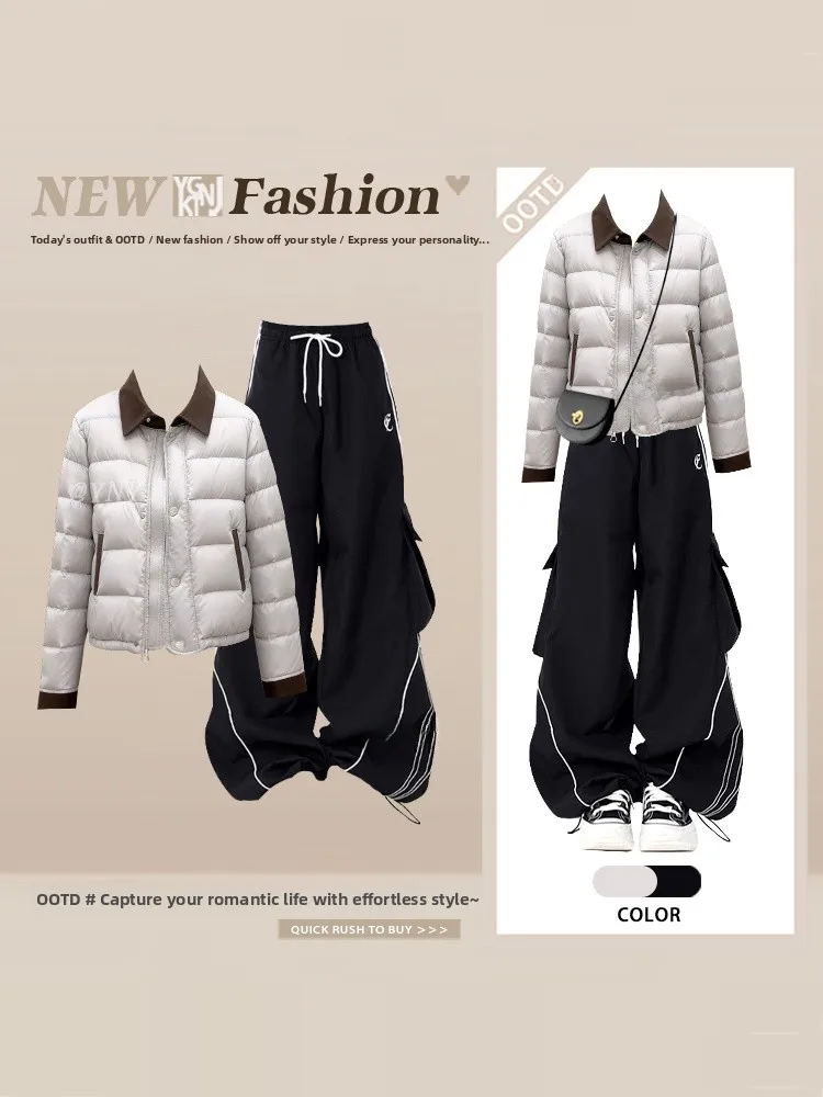 

Loose Spor Wide Leg Pants Set Women's Design Sense Color Blo Collar Cotton Jaet Winter High-End Feel Two Piece Set