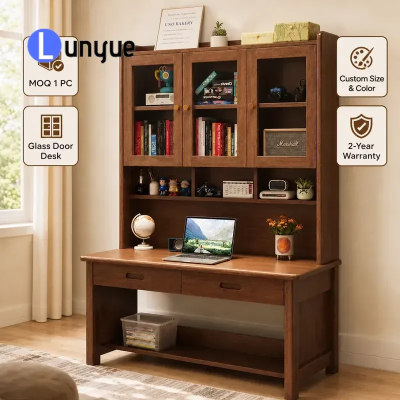 Modern Durable Dark Wood Grain Student Study Desk with 3 Glass Door Bookcase Hutch 2 Drawers Lower Shelf for Bedroom Office