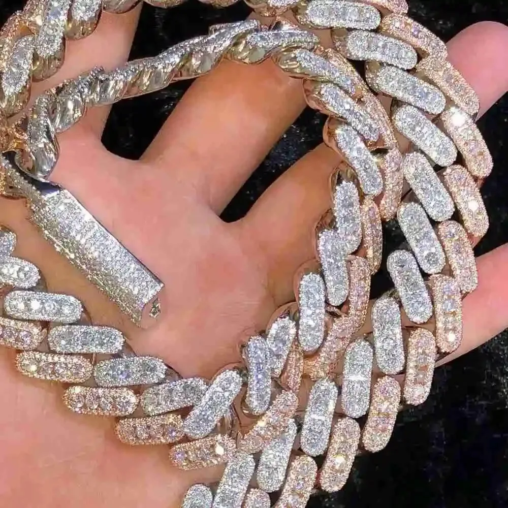 

Best Selling Top Quality Round Cut Moissanite Chain Gold Plated 925 Sterling Silver Chain 18mm Iced Out Hip Hop Chain