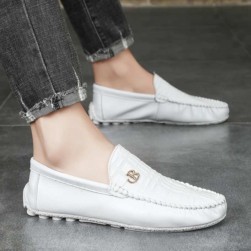 

Lightweight White Loafers Men Casual Shoes Handmade Leather Male Slip on Soft Flats Man Moccasins Luxury Mens Driving Shoes 2024