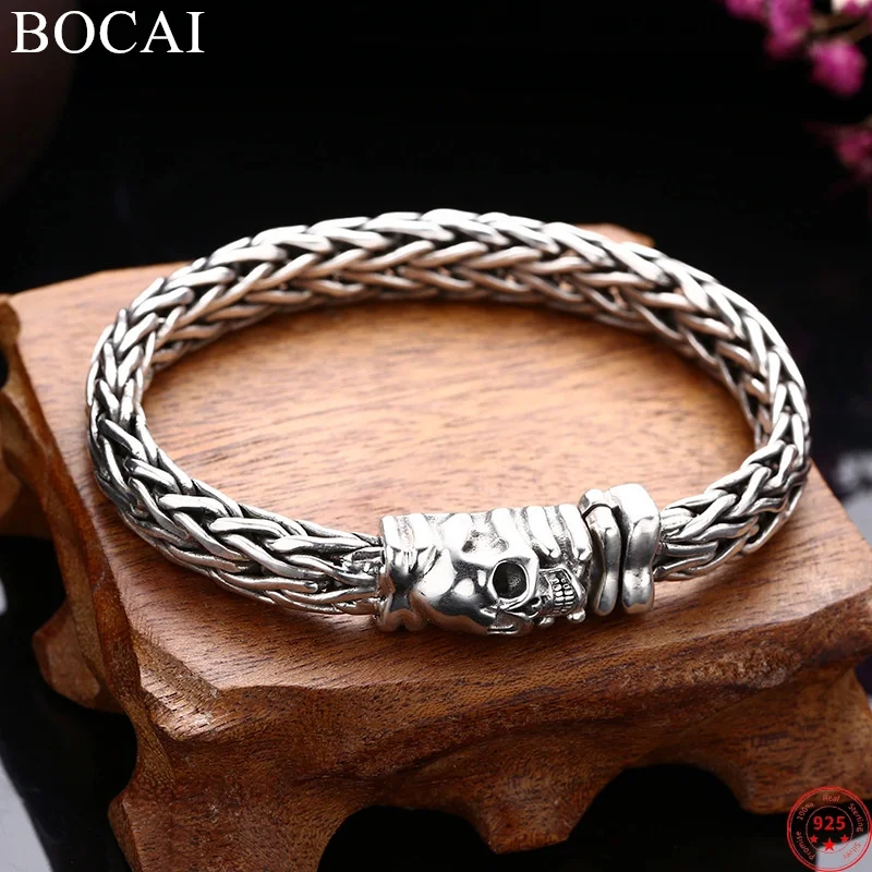 

BOCAI S925 Sterling Silver Bracelets for Men New Fashion Skull-emboss Horsewhip-chain Hand String Bangle Jewelry Free Shipping