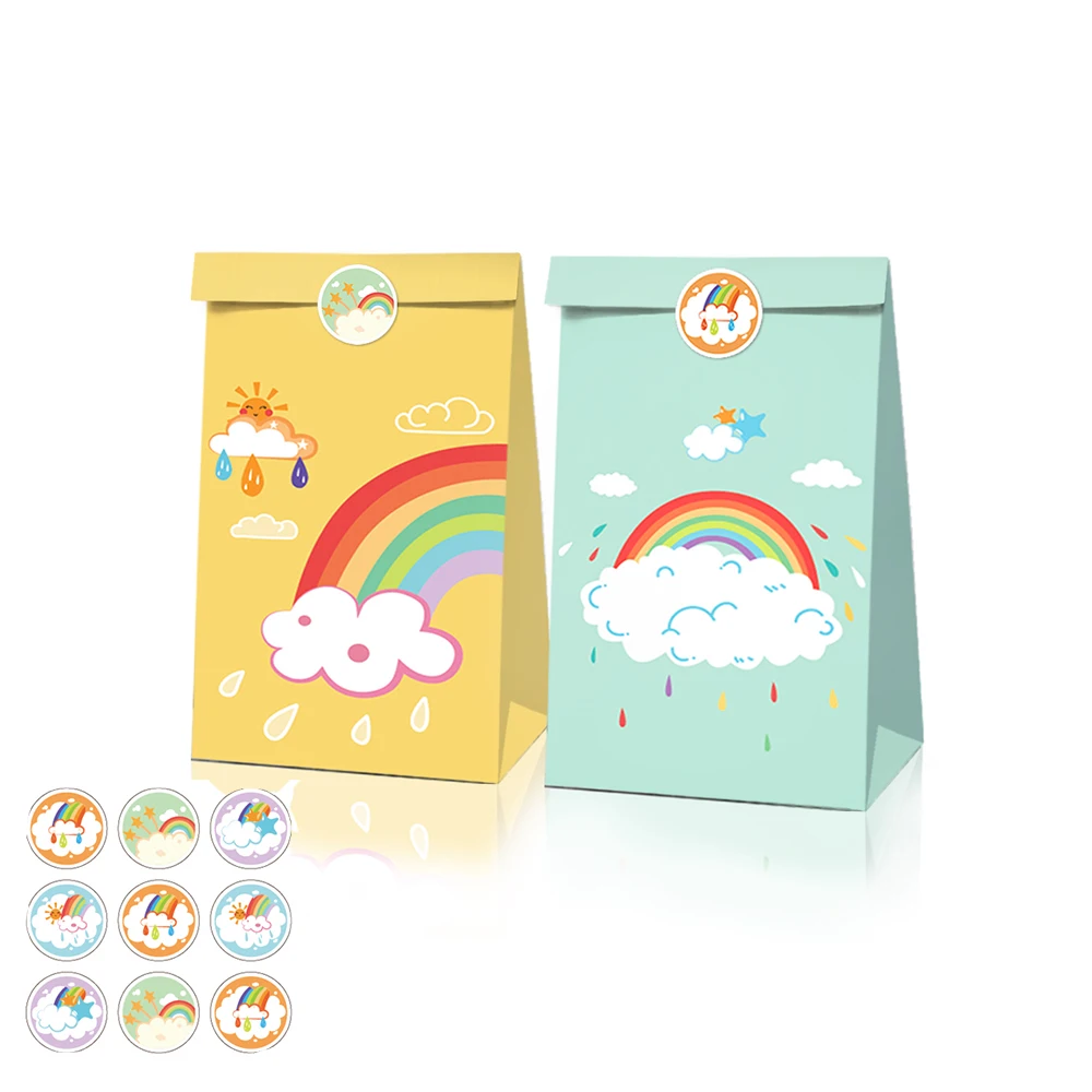 

LB020 12pcs Baby Shower Sweet Rainbow Happy Birthday Party Paper Gift Bags with Stickers Cookies Food Biscuits Kraft Paper Bags