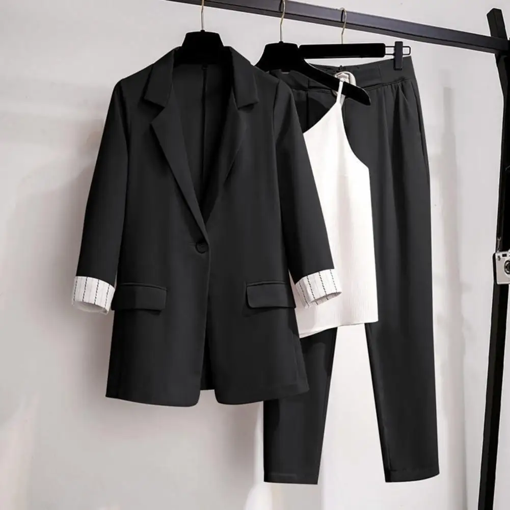 

3 Pcs/Set Blazer Suit Pants Vest Set Turn-down Collar Elastic Waist OL Style Solid Color Anti-wrinkle Women Business Outfit