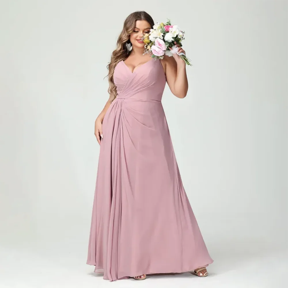 

Plus Size Bridesmaid Dress Customized Spaghetti Strap Pleat Chiffon A Line Thigh Slit Bridesmaid Gown for Wedding Women's Dress