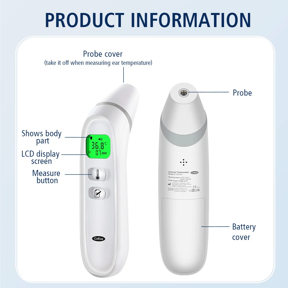 Cofoe Medical Digital Infrared Thermometer Quick Temperature Measurement 2in1 Handheld Body Forehead Ear Non-contact Thermometer