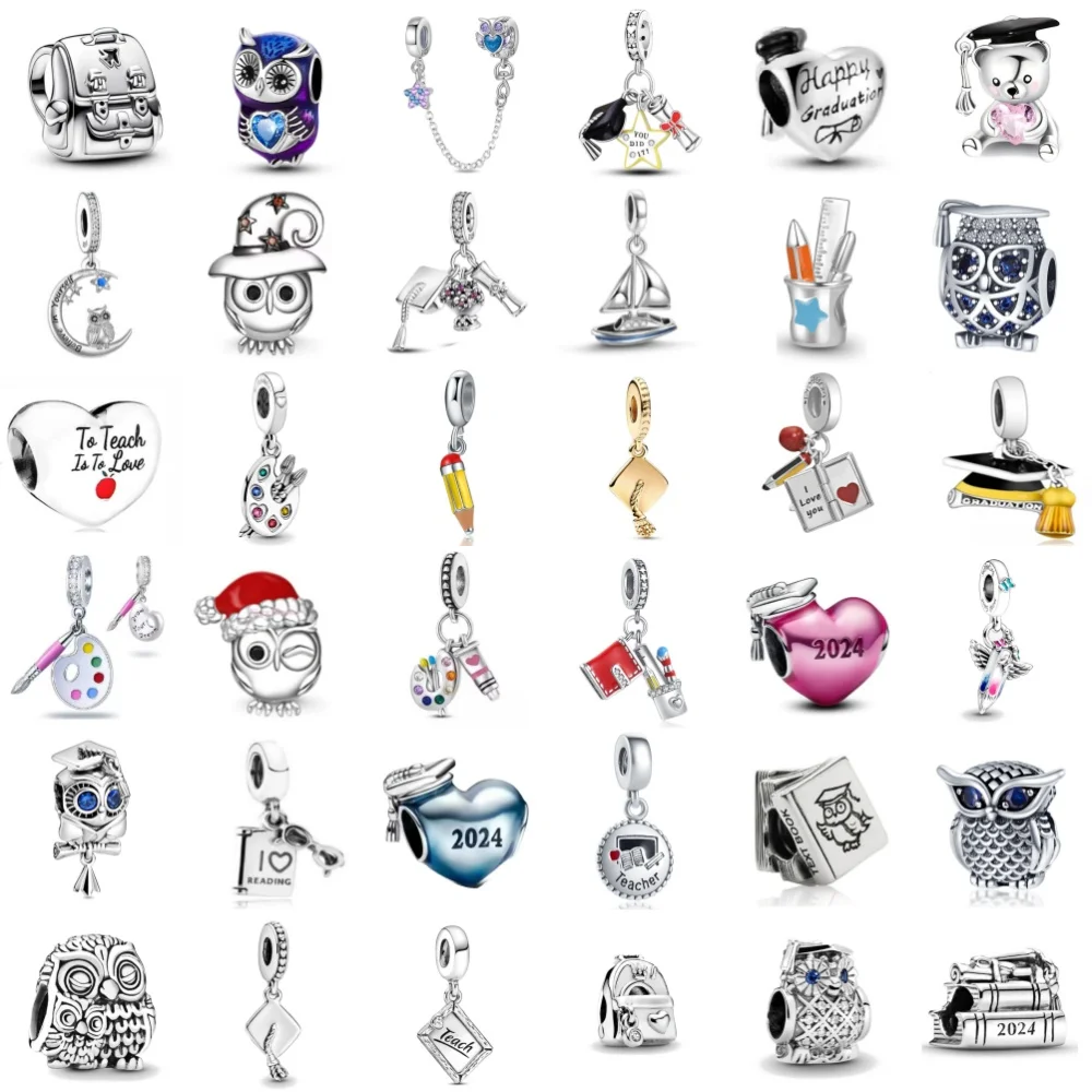 

New 925 Silver graduation season Graduation Hat Pendant owl Charm Beads Fit Original Bracelet Women DIY Accessories Jewelry Gift