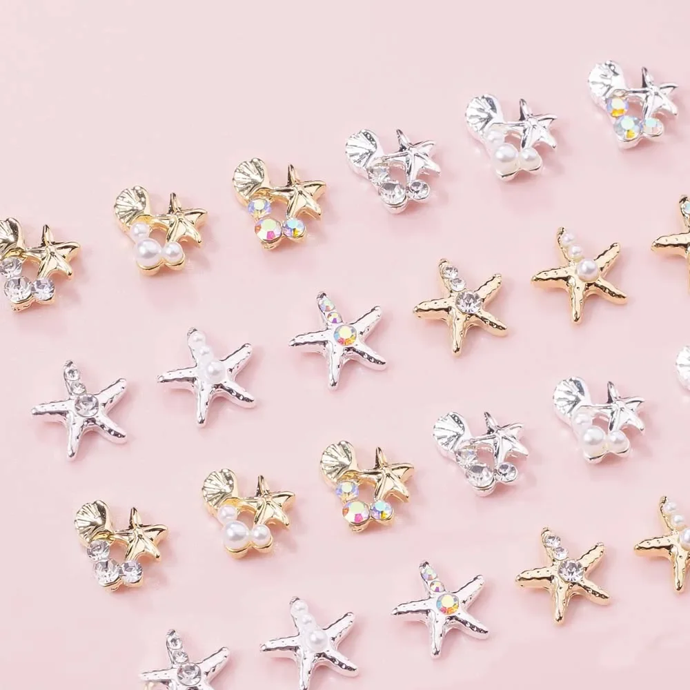 10Pcs Ocean Star Shell Nail Art Charms 3D Alloy Gold Silver Starfish Inlaid Diamond Pearl Nail Decoration Summer DIY Nail Parts