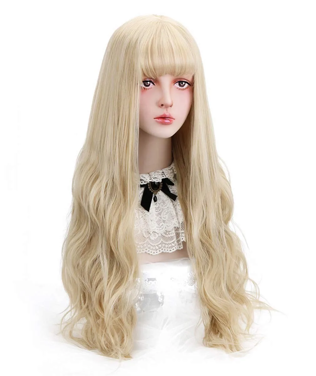 วิกผมสังเคราะห์สีบลอนด์ยาวมีหน้าม้า - วิกผมคอสเพลย์ลอนยาวธรรมชาติสำหรับผู้หญิง
