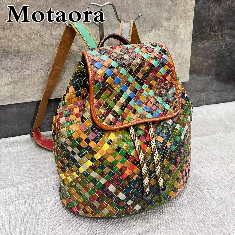

Vintage Weaving Leather Backpack for Women, MOTAORA Genuine Cowhide Daypack Ladies Fashion Shoulder Bag (Random Color)