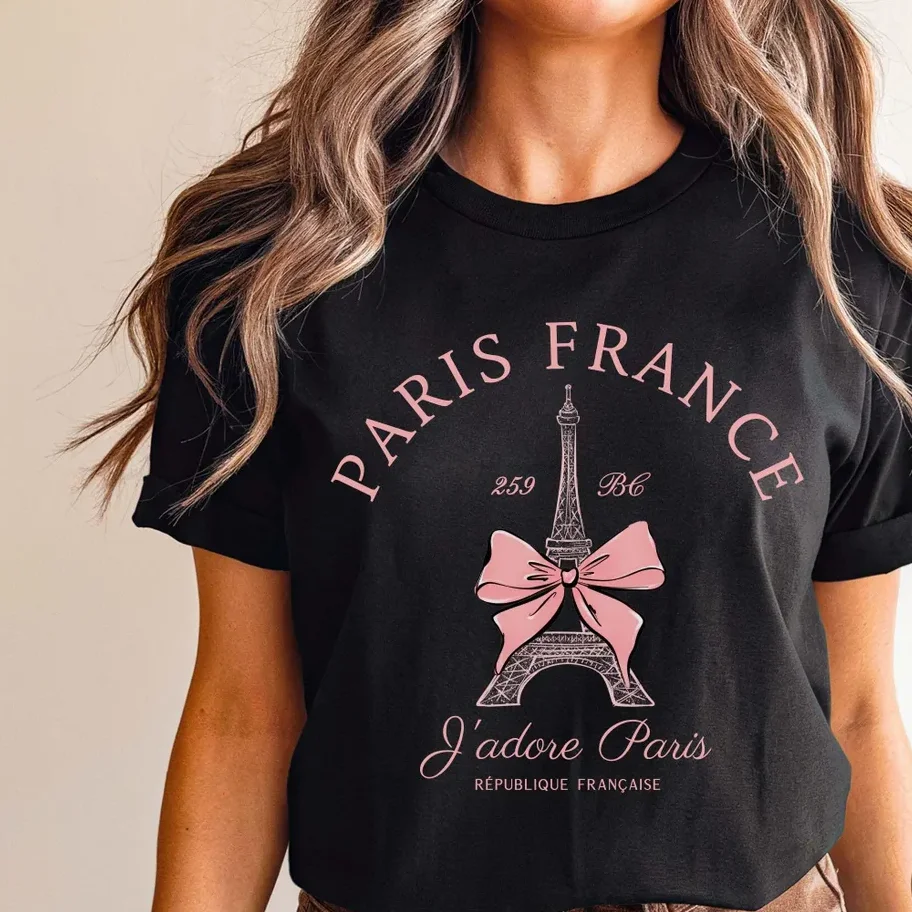 Eiffel Tower Shirt, Paris T-shirt Pink Rose Floral Eiffel Tower Vintage Paris Gift French Paris Souvenir Women Clothing Fashion