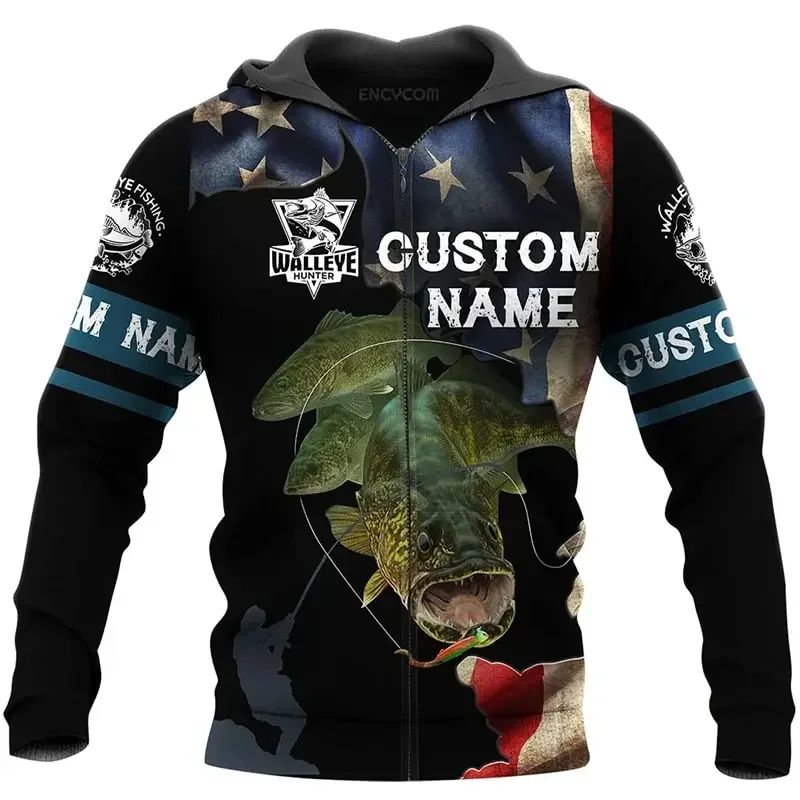 Otoño e Invierno nueva sudadera con capucha con cremallera para hombres con patrón de pesca de carpa 3D impreso moda al aire libre Sudadera con