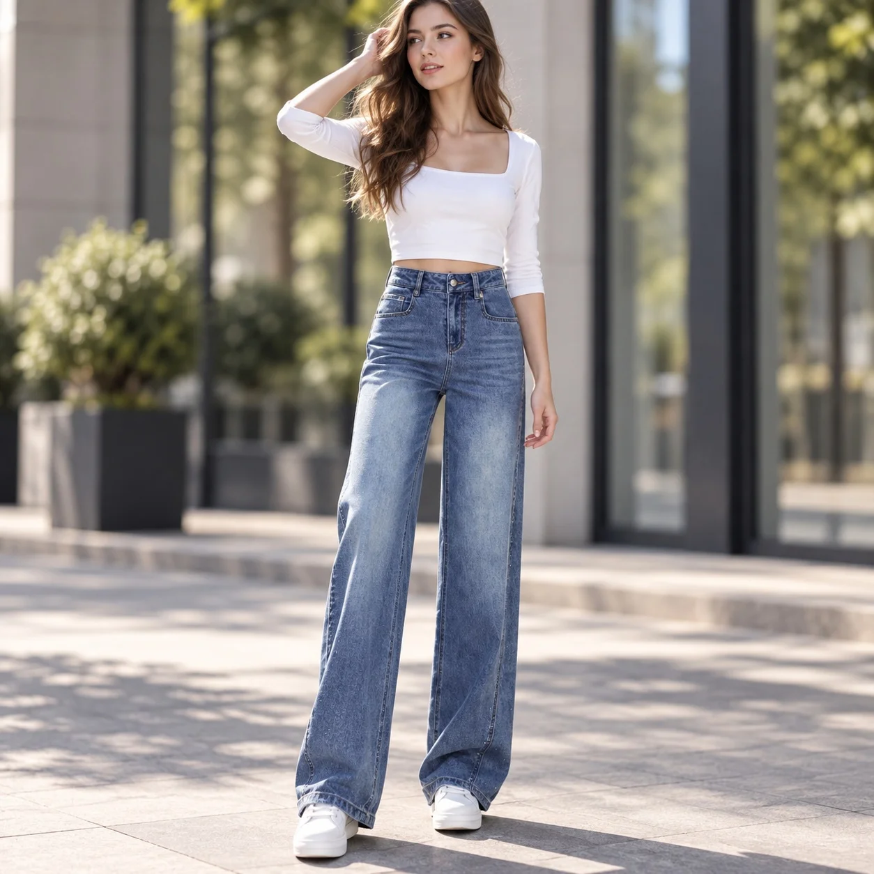 High Waist Straight Leg Jeans with Medium Stretch Style Washed Dyed Button Closure Regular Thickness Full Length Women Jeans