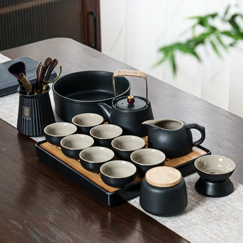 Chinese Cool Black Pottery Kung Fu Tea Set Complete Set Home Office  Cup Simple Covered Bowl Tea Can Full Set
