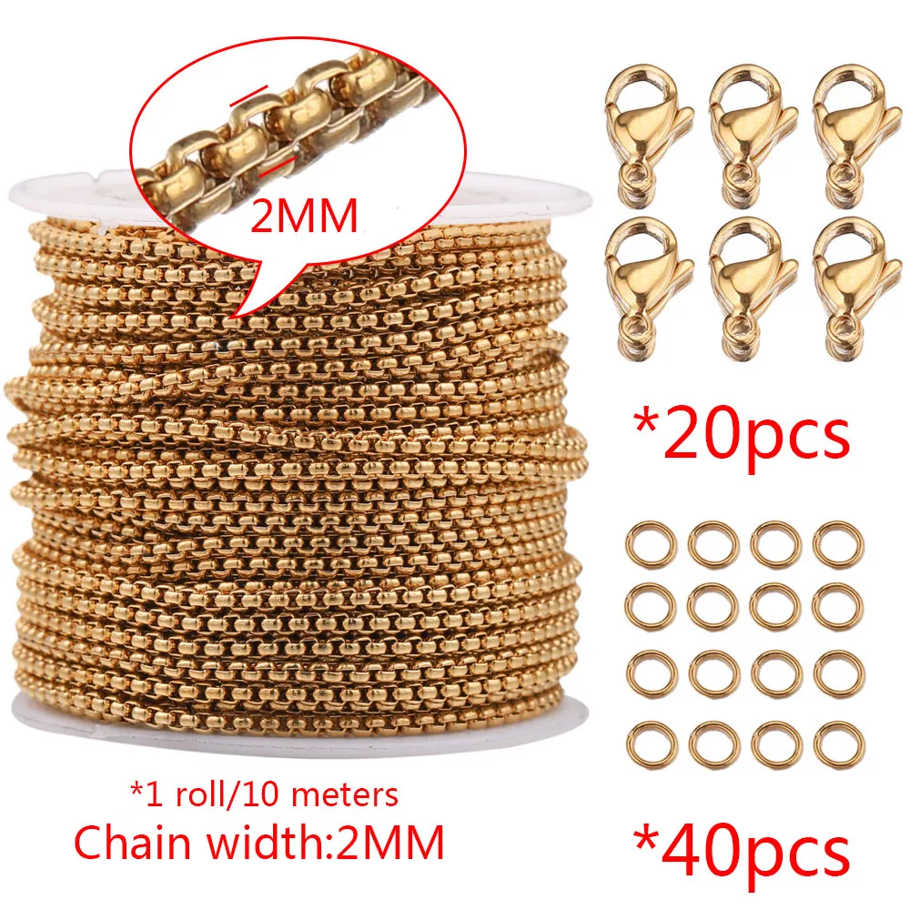 Gold Stainless Steel Jewelry Making Kit 2mm Box Chain Lobster Clasp Ring DIY Handmade Bracelet Necklace Findings Supplies