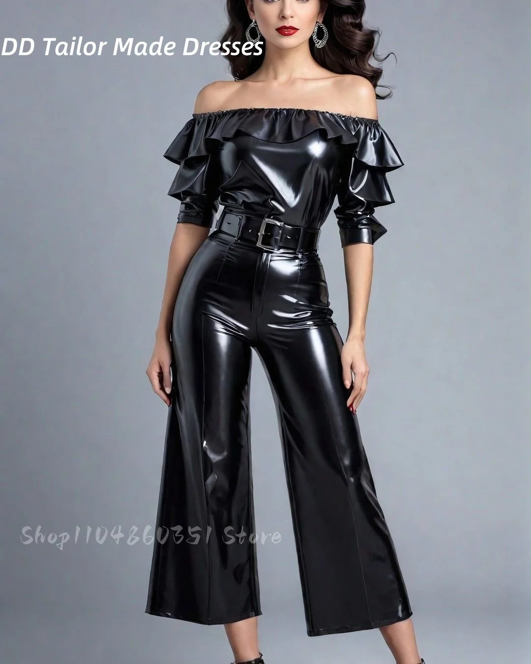 بدلة قفز سوداء لامعة مخصصة للنساء مكشكشة مكشوفة الكتف وأكمام قصيرة مناسبة خاصة للحفلات