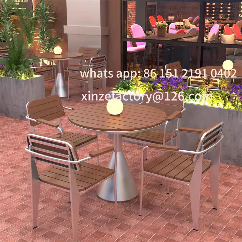 

Customizable outdoor wrought iron table and chairs plastic wood dining table combination