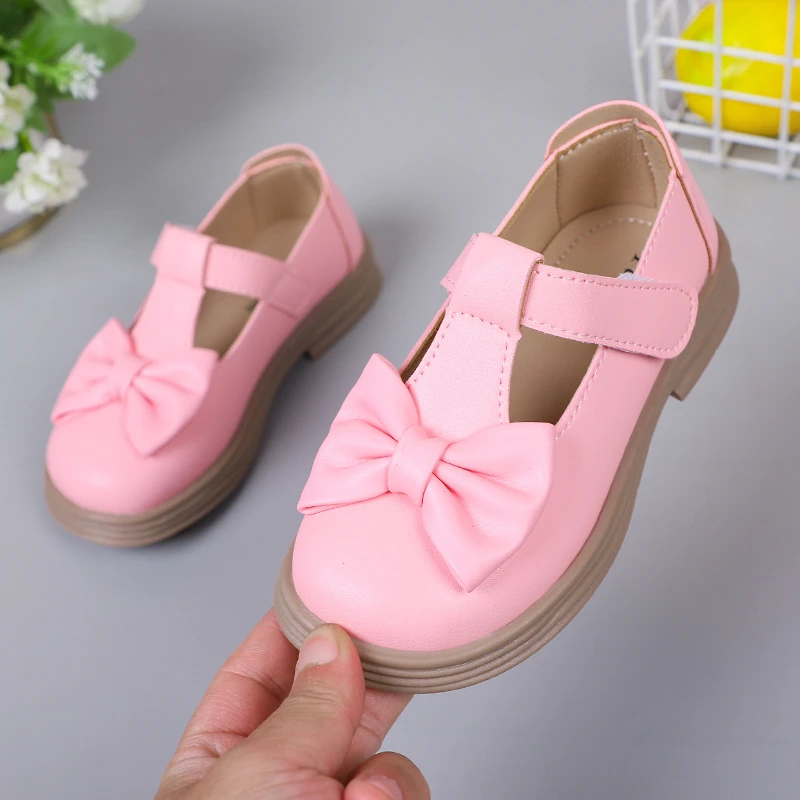 2023 Children\'s Fashion Solid Color Girls Leather Shoes Spring and Summer Bow PU Round Head Versatile Anti Slip Kids Loafers New