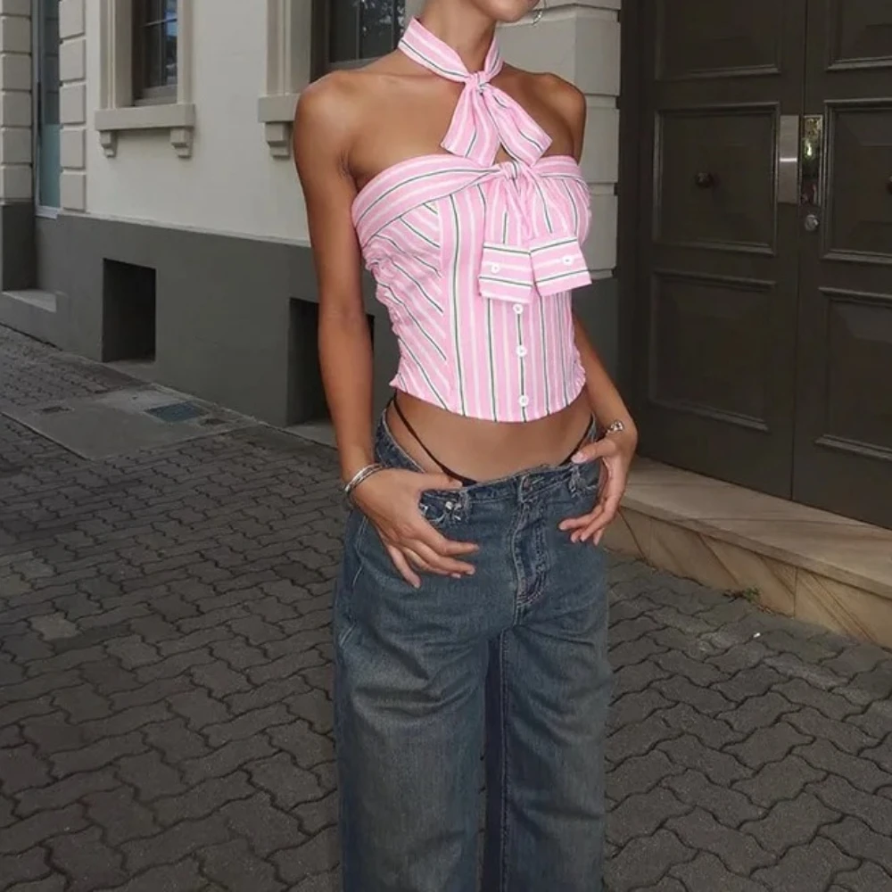

Patchwork Stripes Print Strapless Tank Cropped Tops + Tie Scarf Women Fashion Sexy Buttons Backless Shirts Vests Streetwear