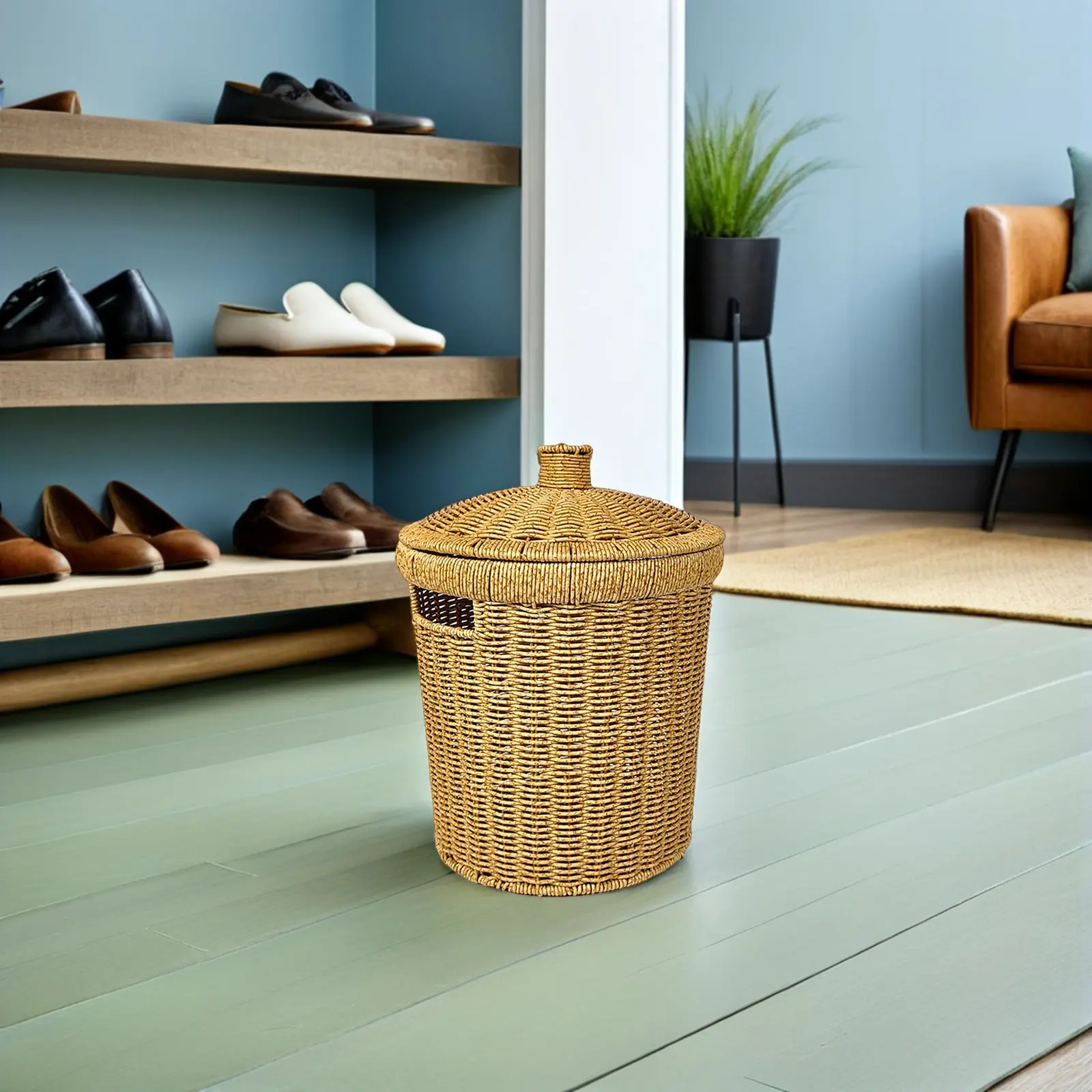 Round Imitation Rattan Trash Can with Lid Handwoven Woven Waste Basket Smooth Surface Retro Colors Odor Controlling Garbage Bin