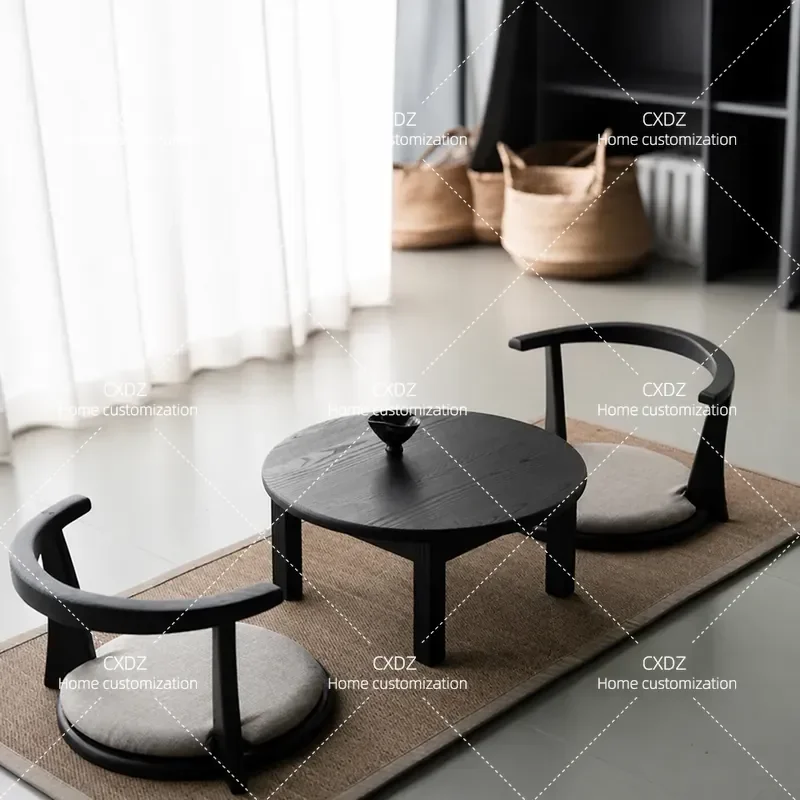 Japanese Style Solid Wood Bay Window Coffee Table Tatami Short Table with Back Chair Ash Wood Zen Round Low Table for