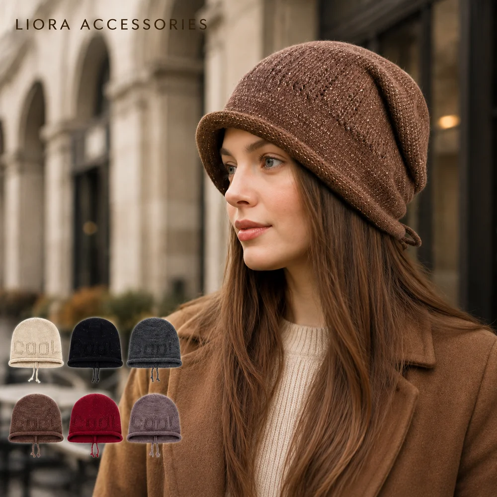 Sparkle Openwork Knit Cloche Hat for Women, Slouchy Rolled Brim Beanie, Soft Warm Autumn Winter Fashion Cap