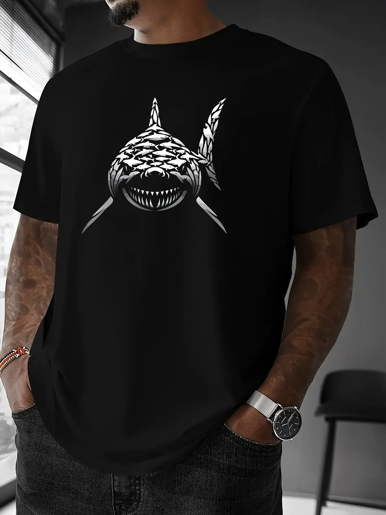 Shark School Print American Trendy Graffiti Letter Print Short Sleeve T-Shirt Unisex High Street Couple Top