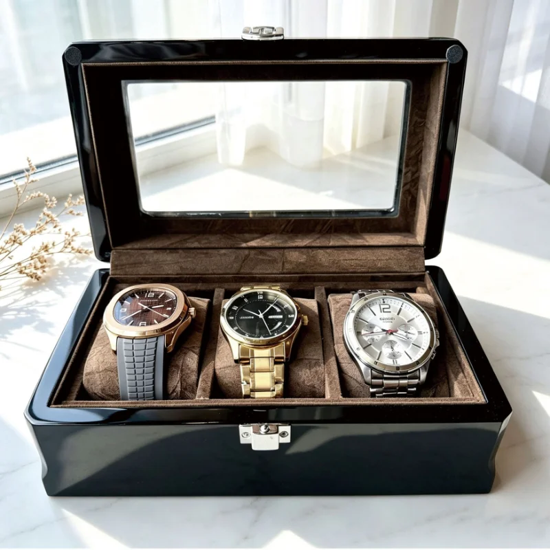 Men's Watch Storage Case Luxury Wrist Watches Organizer Box 3 Slots Watch Collection Boxes Desktop Dustproof Watch Display Cases